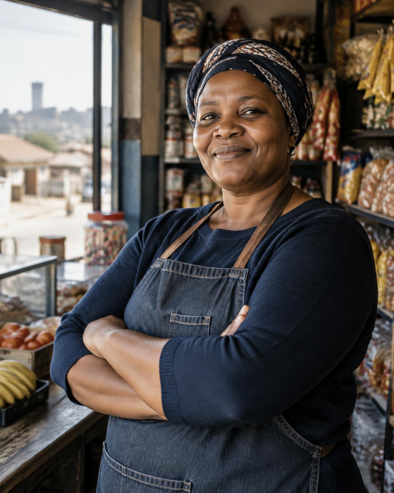 A small business owner standing in her shop in Soweto